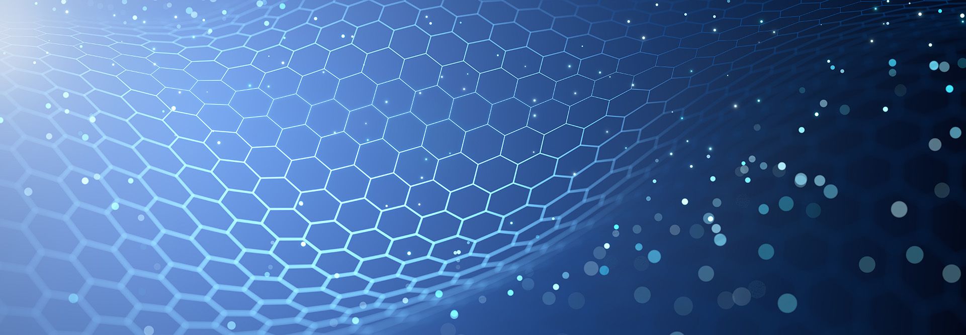 AI illustration of a curved hexagonal grid morphing into a starry background. dark blues.