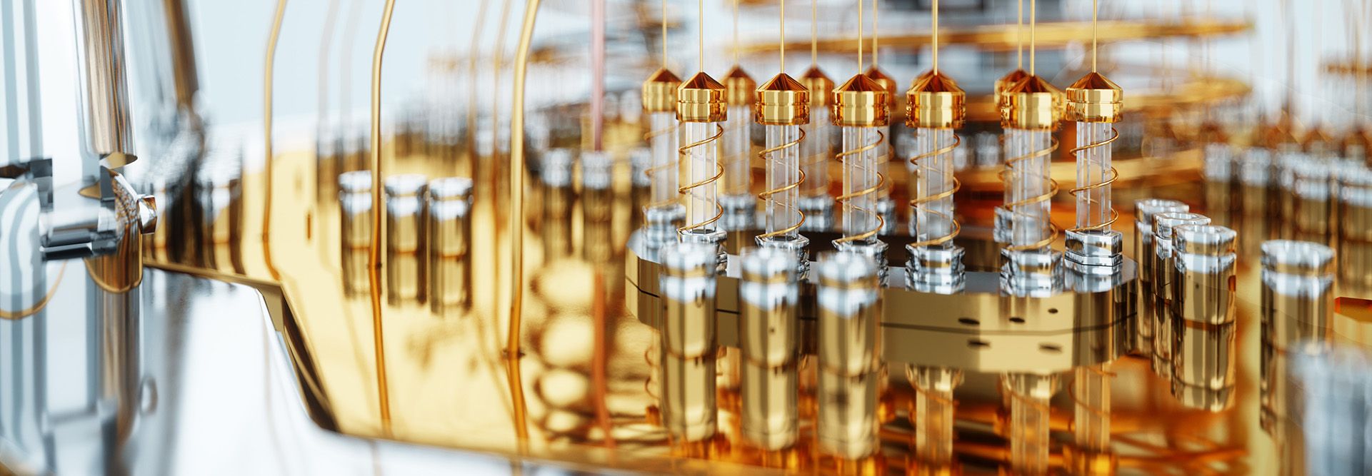 Close up of quantum computer, gold-colored metal and glass